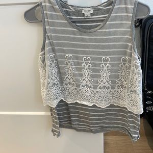 Jcrew sz S grey and white strip tank with mesh pattern overlay